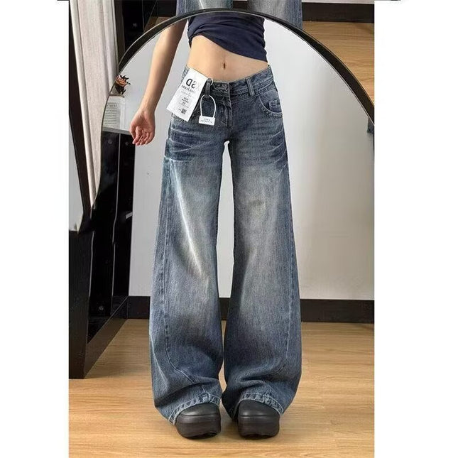 American Retro Creased Faded White Jeans for Women, Summer Low-Waist Slimming Loose Straight Wide-Leg Floor-Length Sycamore Pants