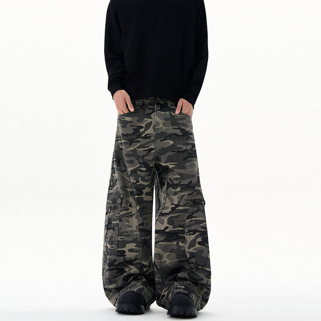 Lktm Men's American Design Multi-Pocket Scimitar Camouflage Cargo Pants Unisex Baggy Silhouette Floor-Length Trousers