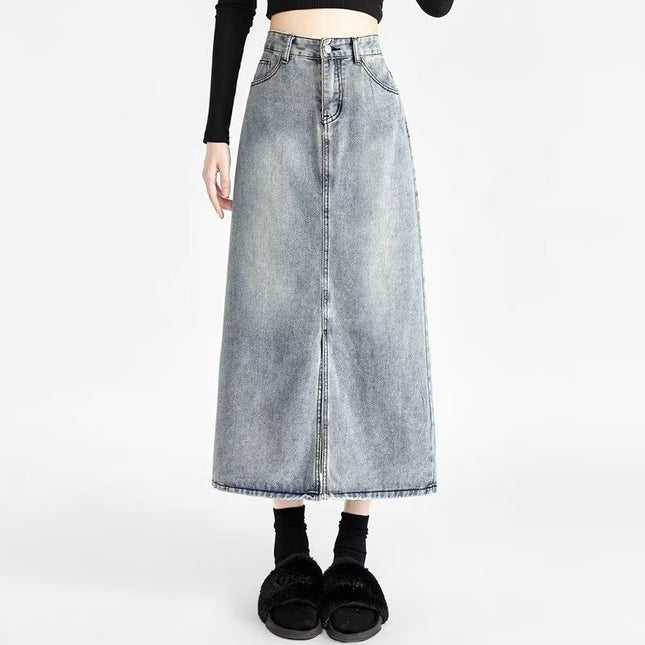 2023 new light blue thin denim skirt high waist A- line mid-length front slit hip skirt Denim skirt
