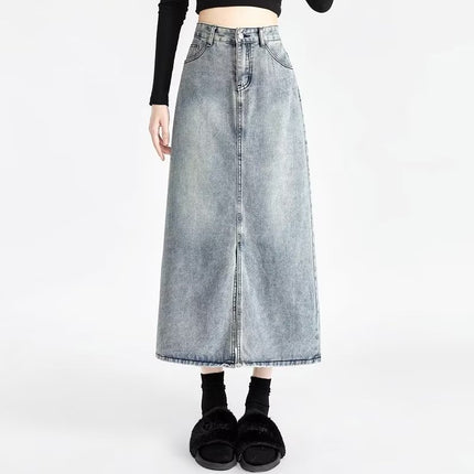 2023 new light blue thin denim skirt high waist A- line mid-length front slit hip skirt Denim skirt