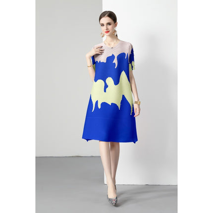 Miyake Pleated 2 Color Optional Contrast Ice-cream Printed Beaded dress Sweet Slimming Women's Crewneck A- Line Skirt