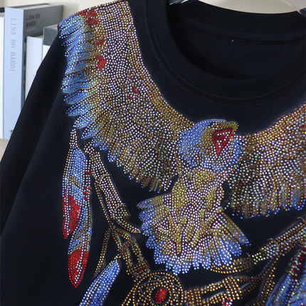 Eagle Feather Indian Element Heavy Trendy Brand Digital Printing Hot Drilling Wide Short-sleeved T-shirt Fat Plus Size