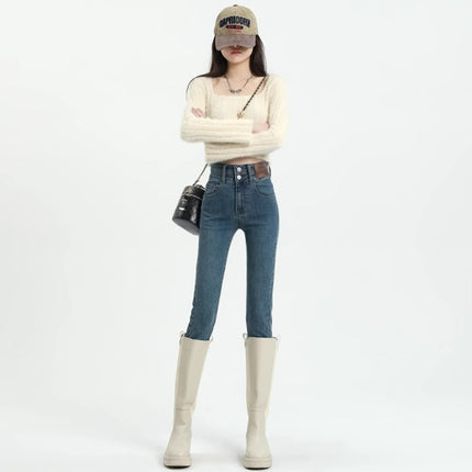 High Waist Leg Jeans Women's 2025 Trendy All-match New Slim-fit Flesh Covering Slimming Tight Pencil Pants