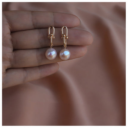 Natural Alien Baroque Freshwater Pearl Earrings Silver Needle Plated 14K Gold Horseshoe Chain Earrings Personalized Fashion Earrings