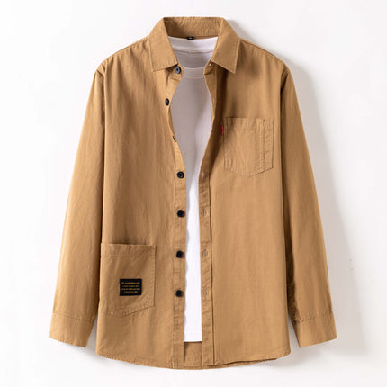 Spring and Autum New Pure Cotton Long-Sleeved Shirt Men's Hong Kong Style Casual Workwear Cotton Shirt Jacket Loose Men's Trendy Clothing