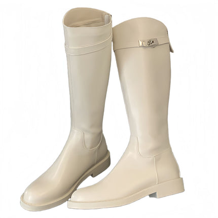 Cowhide Long Boots for Women, Knight Boots with Buckle, British Style, Chunky Heel, Thick Sole, Genuine Leather High Boots