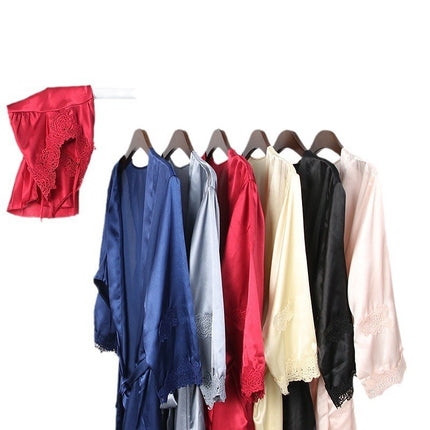 High-quality boutique with chest pad autumn and winter summer sexy simulation silk pajamas five-piece set Korean-style sling women's nightgown