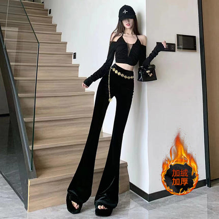 Cross-border high-grade velvet micro-pants women's 2024 autumn and winter new fashion chain high waist slim long drooping pants