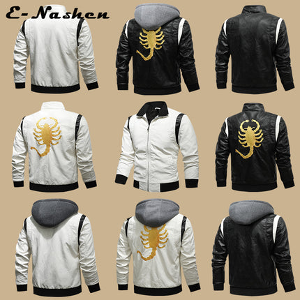European and American Men's Leather Jacket New Style Stand Collar Removable Hooded Motorcycle Leather Jacket Fashionable Black and White Color Matching Large Size Men's Clothing