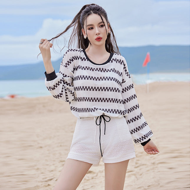 2024 new swimsuit women's split four-piece suit belly covering slimming gathered small chest South Korea ins style Hot Spring