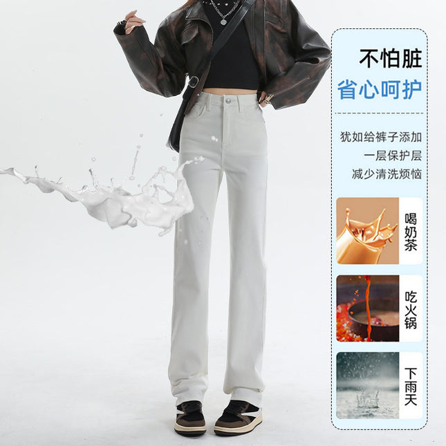 Three-proof worry-free Denim straight pipe pants elastic high waist pile pants waterproof oil-proof anti-fouling functional Denim