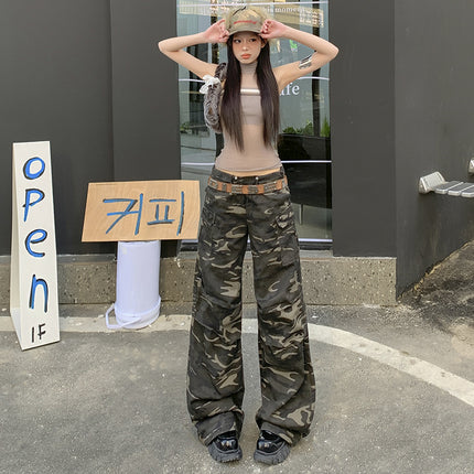 American Retro Camouflage Claw Pants Women's 2025 Spring New High Waist Drawstring Design Straight Dipping Casual Pants