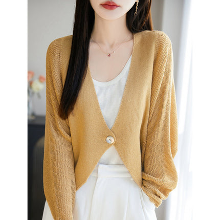 Sun Protection Cardigan Lyocell Linen V Neck Cut Out Bat Sleeves with One Button Knitted Jacket Women's Air-Conditioned Blouse