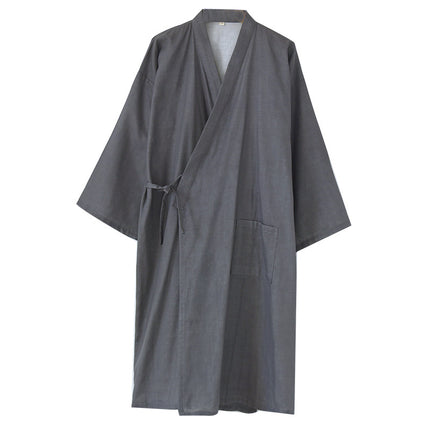 Men's Nightgown, Spring and Autumn Yarn-Dyed Gauze Pajamas, Summer Japanese-Style Kimono, Home Bathing, Steam Therapy, Cotton Bathrobe