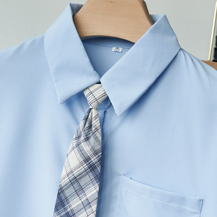 Short-sleeved Shirt Women's Summer Age-reducing College Japanese Girls JK Tie Shirt light blue Mid-length Fashion Top