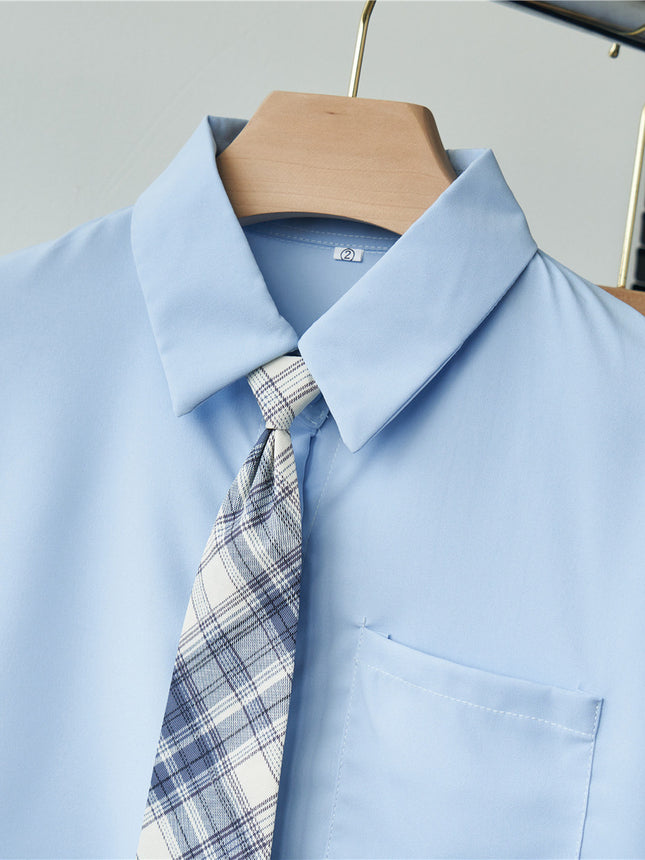 Short-sleeved Shirt Women's Summer Age-reducing College Japanese Girls JK Tie Shirt light blue Mid-length Fashion Top