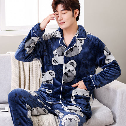 Men's Pajamas, Winter Thickened and Fleece-Lined, Men's Home Wear Set, Coral Fleece, Warm, Autumn and Winter, One-Piece Wholesale