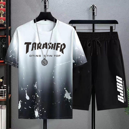 New Quick-drying Ice Silk Gradient suit Men's Short-sleeved T-shirt Summer Casual Shorts Sports Two-piece Handsome Men's Wear