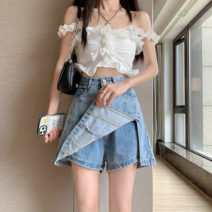 Split Denim Short Skirt Women's Skirt Pants 2024 Summer New Slimming High Waist A- Line Pants Skirt with Lining Half-length Skirt