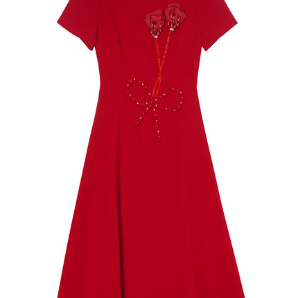 Zhili 2026 Stunning Dress for Women, New Summer Style with Beaded Flowers, Formal Occasion Red Waist-Cinching Dress