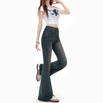 Off-White American-Style Spicy Girl Flared Jeans for Women, 2025 Summer New High-Waisted Slimming Bootcut Jeans with Frayed Edges