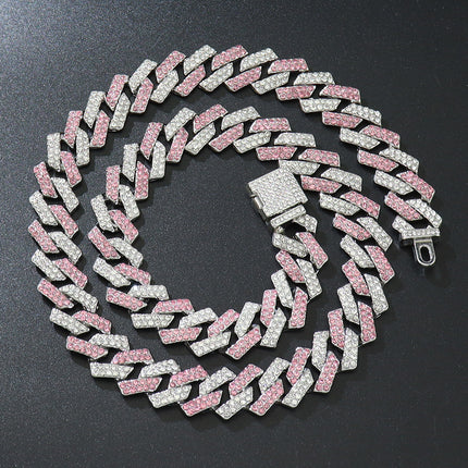 European and American hip-hop pink white diamond diamond flip buckle chain Cuban chain necklace hipster exaggerated flashy sweater clavicle chain