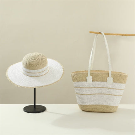 Foreign Trade Two-Piece Summer Straw Bag Set Large Brim Striped Straw Hat and Straw Bag Set Tote Handbag