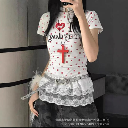[40-Count Imitation Cotton Rib 1×1] American Retro Dog Paw All-Print T-Shirt Women's Summer Sexy Short Top
