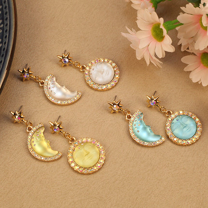 New Cross-Border Bohemian Sun and Moon Earrings Moonstone Asymmetric Earrings Diamond Gemstone Star Earrings