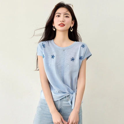 Korean-Style Heavy-Duty Rhinestone Short-Sleeve Knit Top for Women, 2025 Summer Style, Sleeveless Ice Silk T-Shirt, Trendy Tie-Up Crop Top, Thin