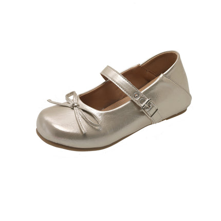 Inner Heightening Silver Retro Shallow Mouth Shoes for Women Spring and Autumn New Korean Style French Bow Mary Jane Shoes