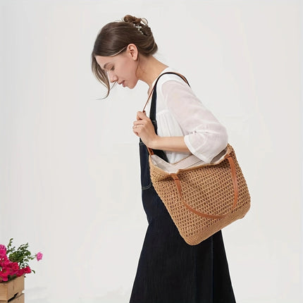 All-Match High-Grade Straw Woven Bag Cotton Bag Handmade Woven Bag Large Capacity Beach Bag Shoulder Bag Tote Bag Women
