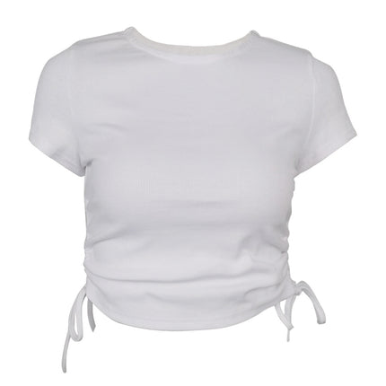 2025 Summer New Amazon European and American Women's Crewneck Drawstring Short-sleeved T-shirt Cotton Rib Slim Fit Crop Top