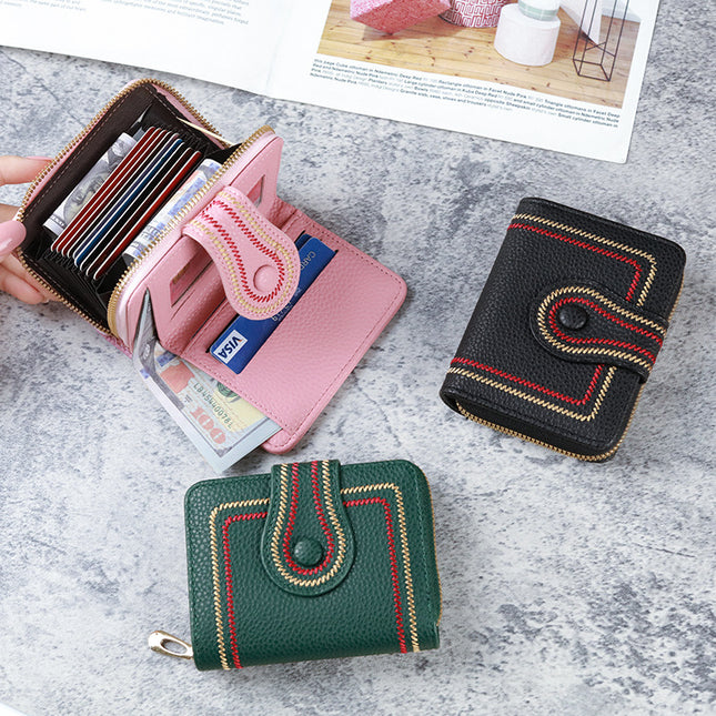 New Korean Style Women's Short Bag Zipper Buckle Wallet Pebbled Embroidered Solid Color Coin Purse Id Card Holder
