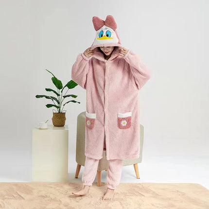 Autumn and winter coral fleece parent-child big strawberry nightgown thickened high quality couples home clothing Donald duck a generation of hair