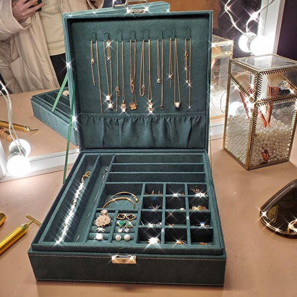 Double Dark Green Suede Jewelry Box Jewelry Earrings Bracelet Bag Jewelry Ring Necklace Jewelry Storage Box