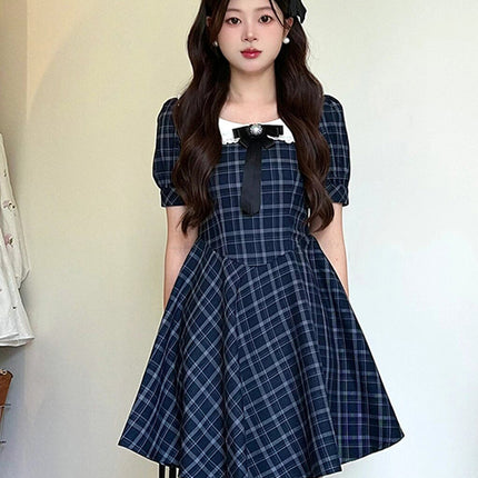 Petite Doll Collar Plaid Dress for Girls, Sweet Style Mini Dress, First Love Style, Cute Princess Doll Dress
