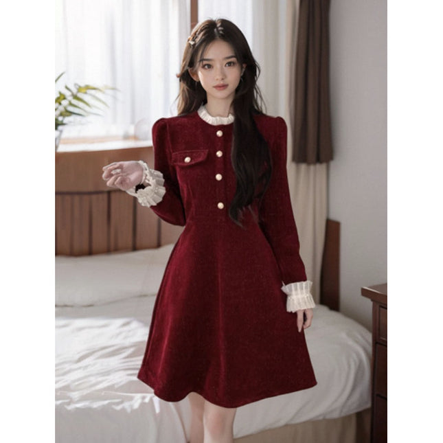 Chinese New Year's War Gown New Year Red Fragrance Style dress Women's Autumn and Winter Small Annual Meeting Dress Light Luxury