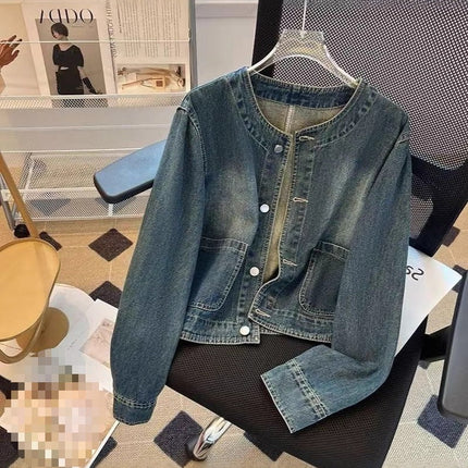 Light Blue American Retro Denim Jacket for Women Spring Single-Breasted Loose Cardigan Design Short Jacket Top