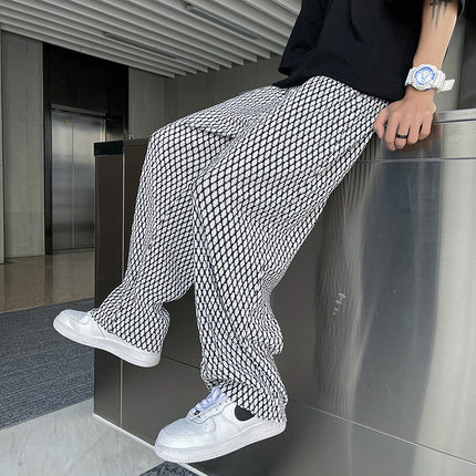 Fairy plaid pants men's high street ins fashion brand fried street ruffle handsome ice silk wide-leg pants men's summer thin draping mop pants