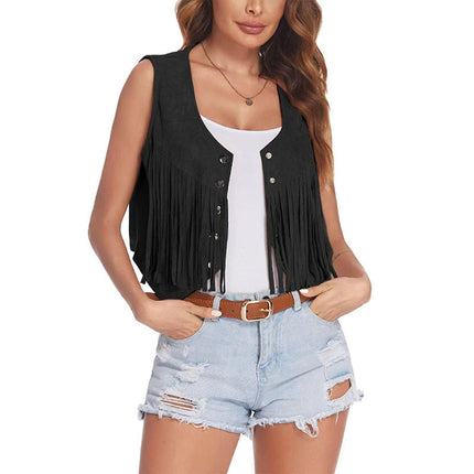 2025 Women's European and American Style New Suede Tassel Vest Jacket Popular Sleeveless Mid-Length Vest Outer Wear