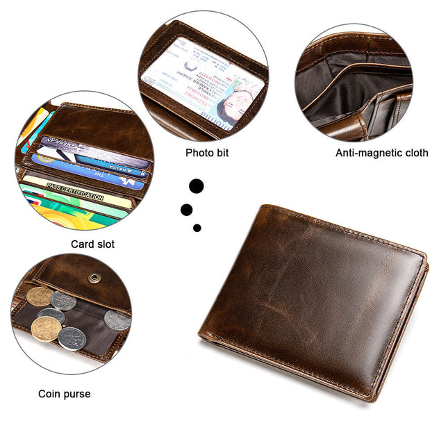 Foreign Trade Retro Genuine Leather Wallet European and American Dollar Clip Men's Coin Purse Anti-Theft Brush Wallet Short Handmade Wallet