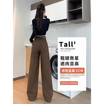 brown High Waist Work Jeans Women's Trendy All-match New Loose Slimming Casual Brown Wide Leg Pants