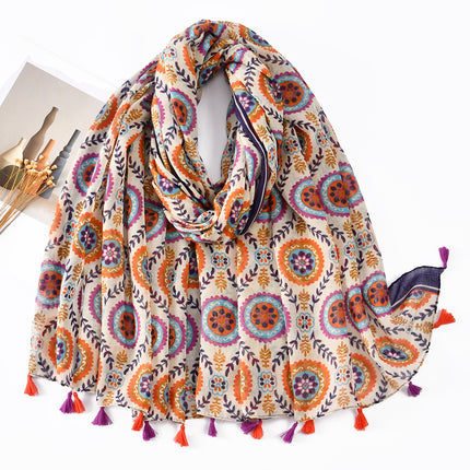 Fresh and Elegant Red Petal Mixed Printed Tassel Gauze Women's Cotton and Linen Scarf Travel Decorative Shawl