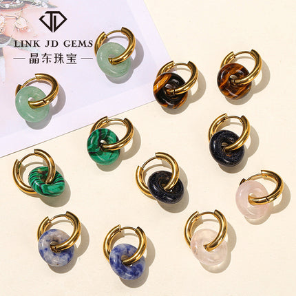 Jingdong jewelry fashion high-grade earrings wholesale natural green Dongling pink crystal bread ring titanium steel gold-plated earrings