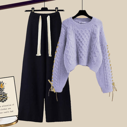 plus size Women's Autumn and Winter suit Women's 2024 New Pullover Knitted Sweater Women's Loose Slimming Wide Leg Pants Two-piece Set