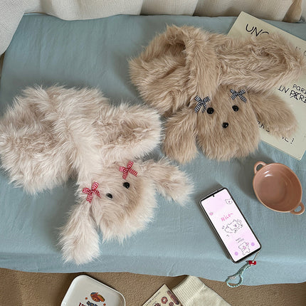 Cute Cartoon Dog Plush Scarf Bow Fashion Solid Color All-match Scarf Women's Furry Autumn and Winter Warm
