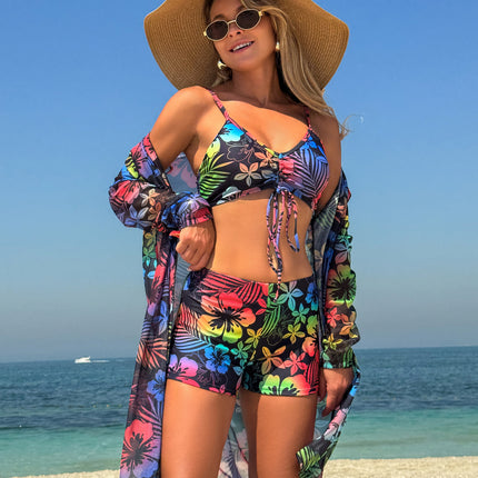 European and American Swimwear Women Sexy Sunscreen Blouse Bikini Three-Piece Chiffon Printed Multicolor Bikini Swimwear for Women