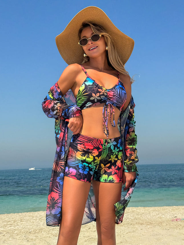 European and American Swimwear Women Sexy Sunscreen Blouse Bikini Three-Piece Chiffon Printed Multicolor Bikini Swimwear for Women