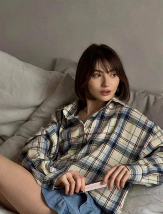 2024 Spring and Autumn Amazon OZON Cross-border Retro Style All-match Loose Shirt * Fashion All-match Plaid Shirt Women